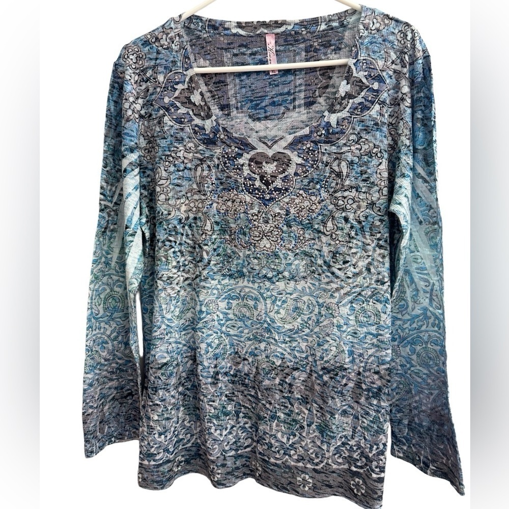 KIARA long sleeve top round neckline rhinestone paisley pattern shapire SZ XL